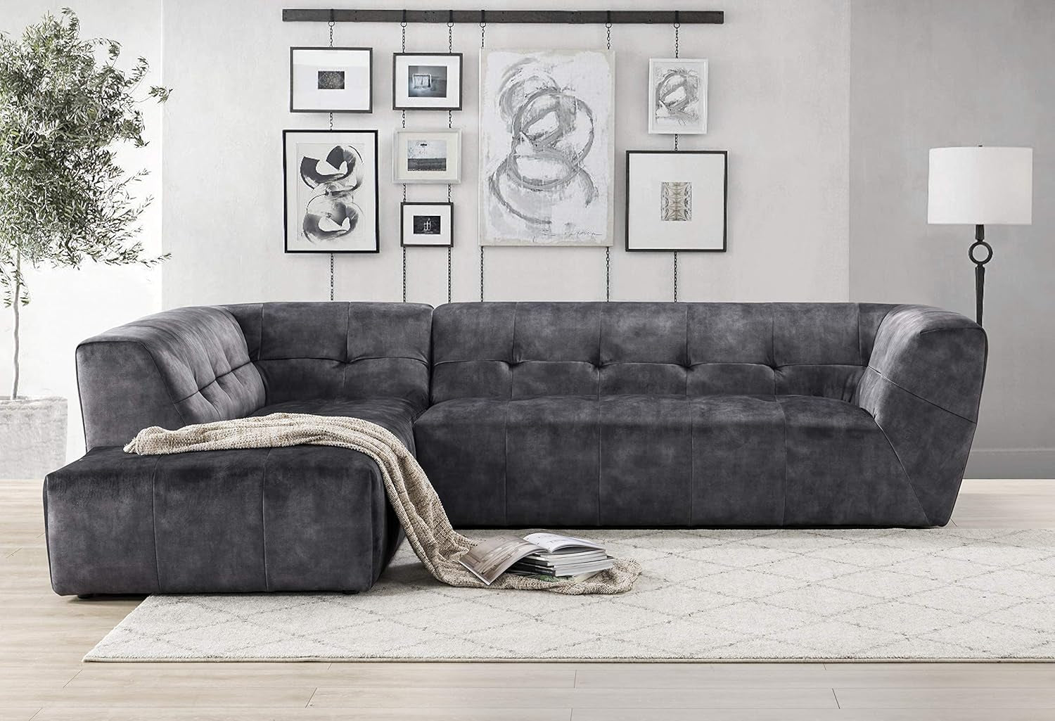 Luxury Velvet Tufted Low Back Sofa Set L-Shape 2-Piece Living Room Couch, 113"W Left Hand Facing Sectional, Grey