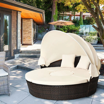 Cushioned Patio Rattan round Daybed W/ Adjustable Table 3 Pillows Canopy