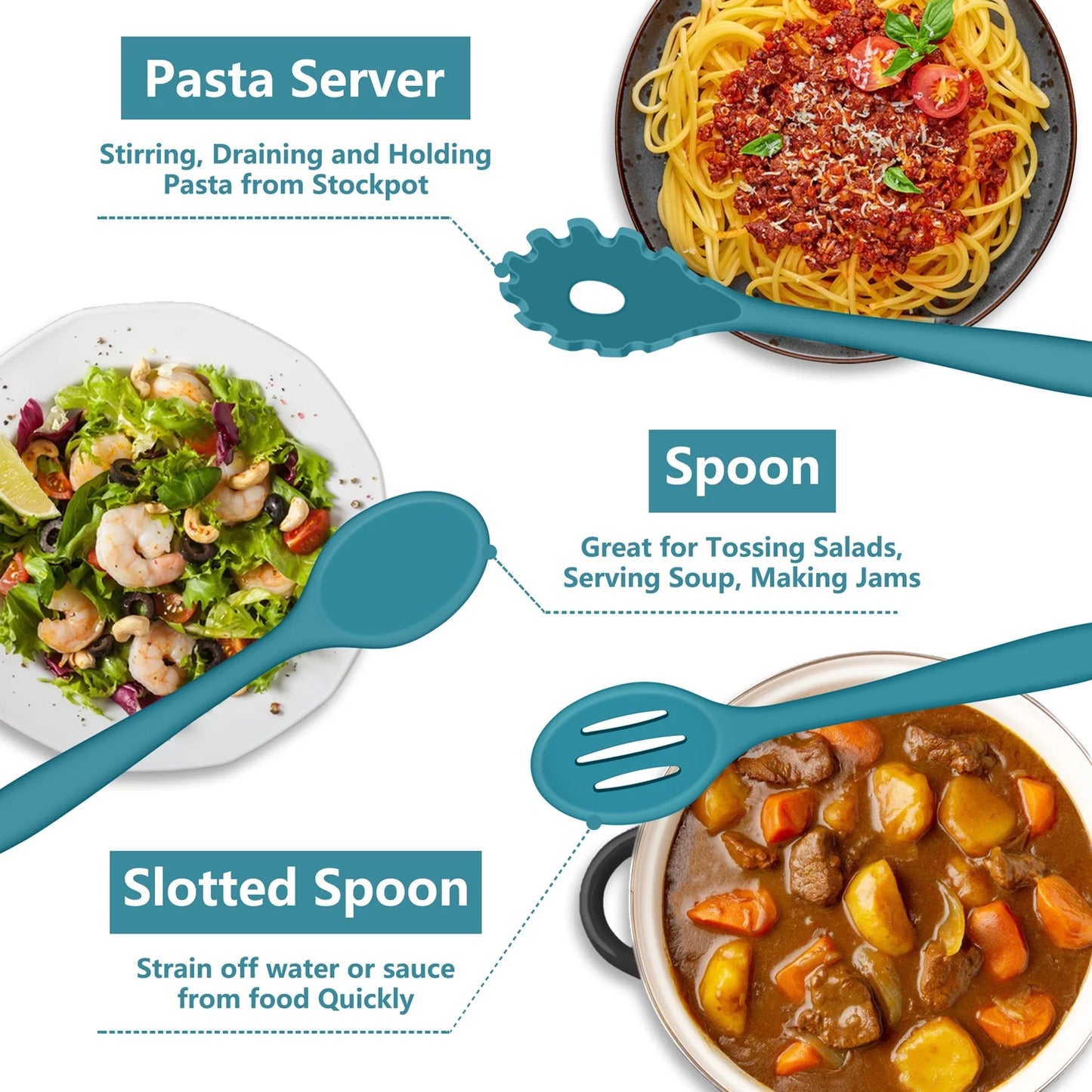 7-Piece Silicone Cooking Utensils Set, Blue Kitchen Utensils, Non-Stick Gadgets Tools Include Slotted Turner, Soup Ladle, Pasta Server