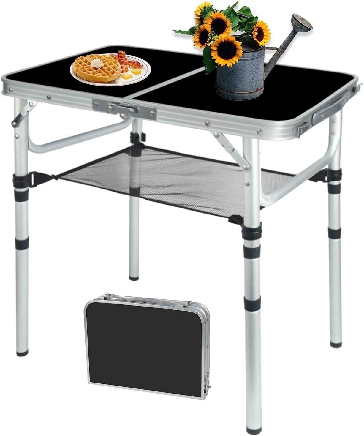 Camping Table with Detachable Net Layer Portable Small Folding Alumiumum Table Adjustable Height with 2 Hooks Easy Holders Sturdy Outdoor Picnic Beach BBQ Cooking