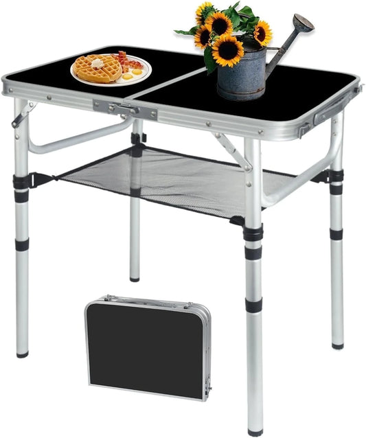 Camping Table with Detachable Net Layer Portable Small Folding Alumiumum Table Adjustable Height with 2 Hooks Easy Holders Sturdy Outdoor Picnic Beach BBQ Cooking