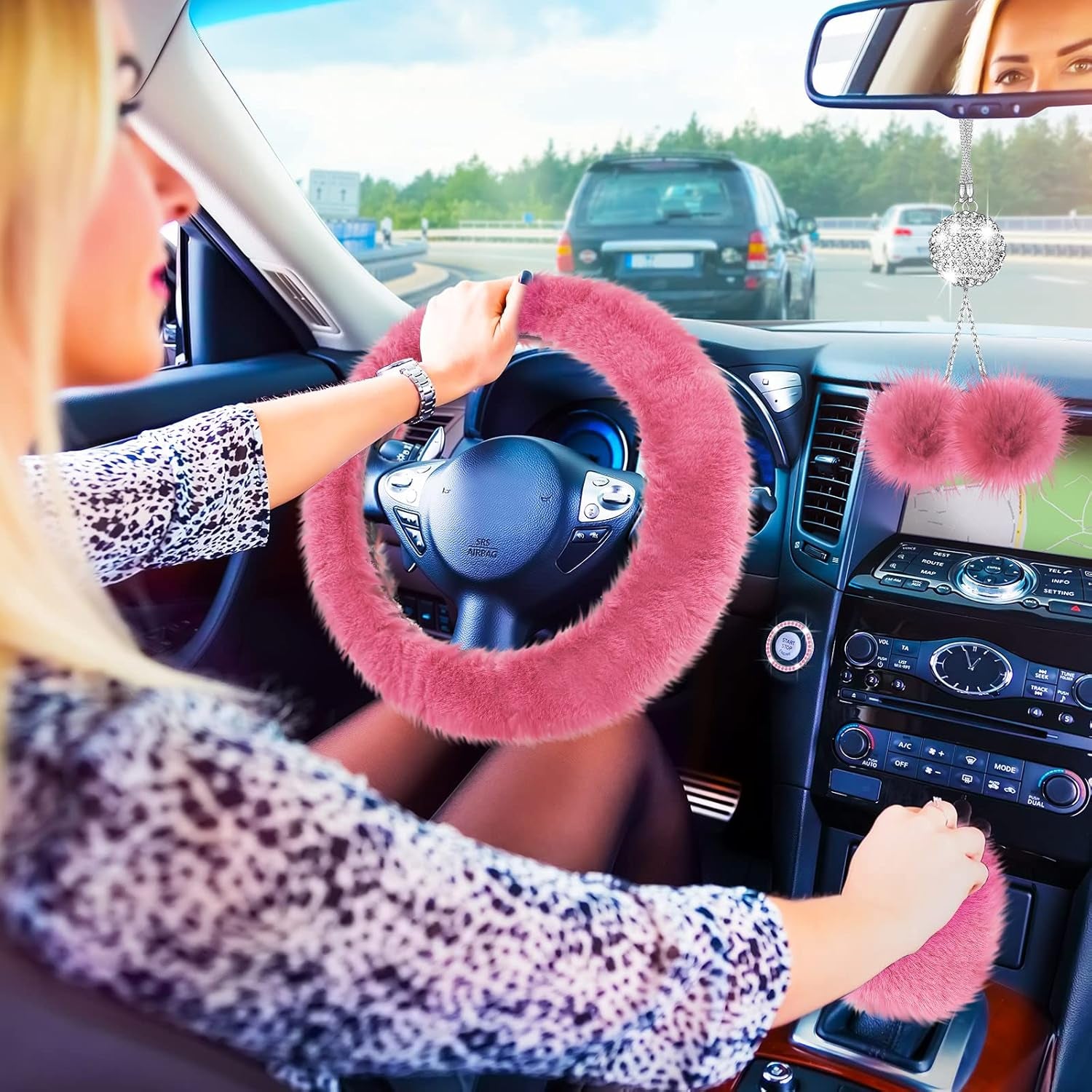 17 Pcs Car Seat Cover Full Set for Women Universal Fit Car Front Rear Fluffy Steering Wheel Fleece Handbrake Shift Covers Hanging Accessory Holder Ring Emblem(Pink Black)