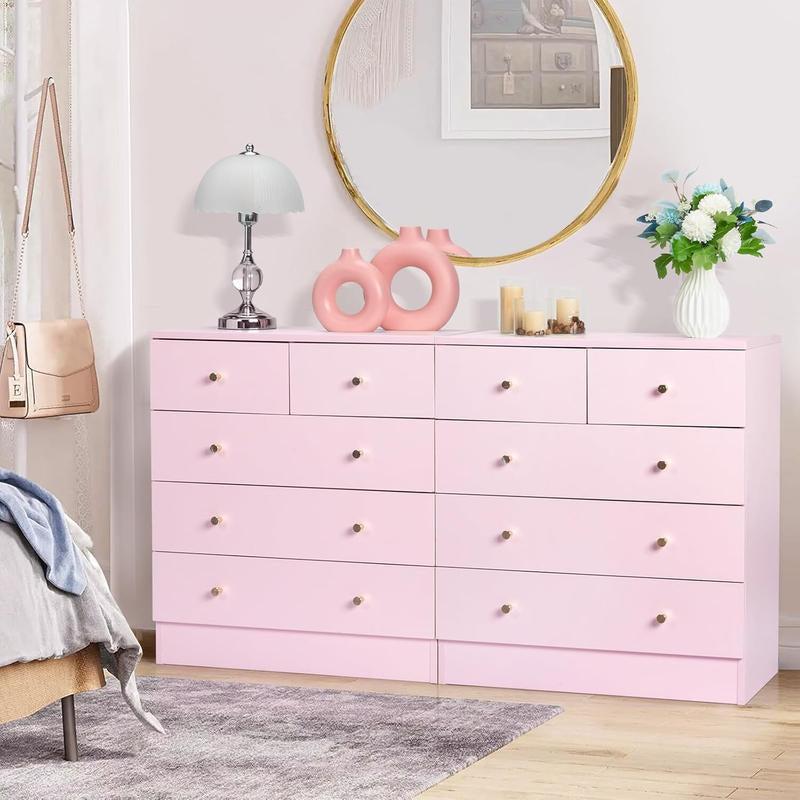 Pink/White/Brown/Grey - 5 Drawer Dresser for Bedroom, Modern Wood Dresser Chest of Drawers, Bedroom Dressers for Girls, Anti-Tipping Device, Rose Gold Metal Handle, Living Room, Entryway, Hallway, Office