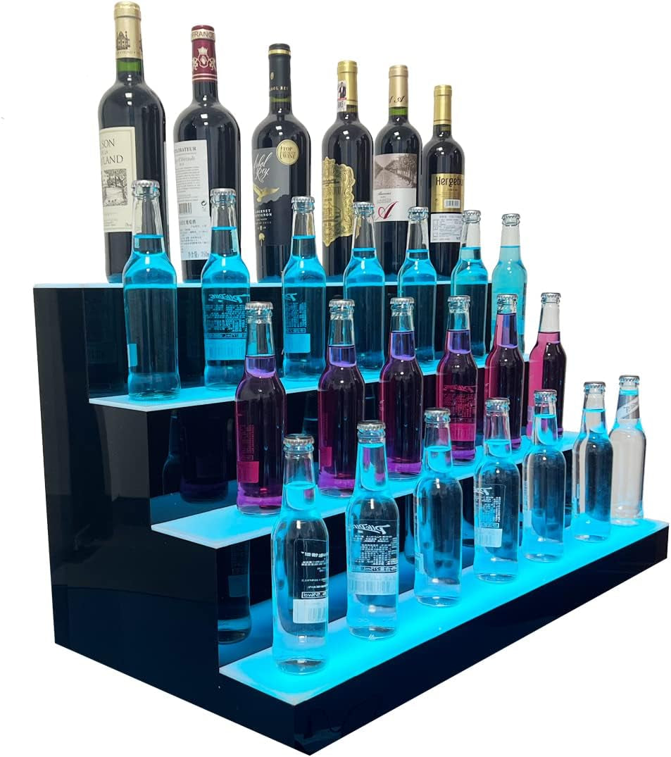 31 Inch 4 Step LED Lighted Liquor Bottle Display Illuminated Liquor Bottle Bar Display Stand LED Display Shelf 4 Tier Home Commercial Bar Drinks Lighting Shelves with Remote Control