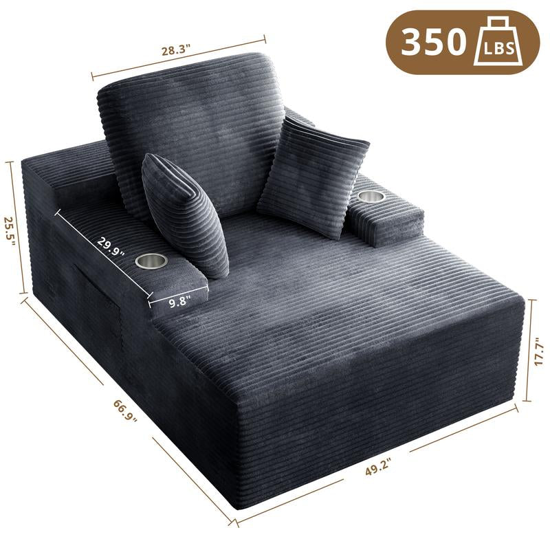 49" Oversized Chaise Lounge Sofa Bed with 2 Cup Holders & Storage Pocket - Plush Corduroy Upholstered, No Assembly Cloud Couch for Living Room, Bedroom, or Reading Nook