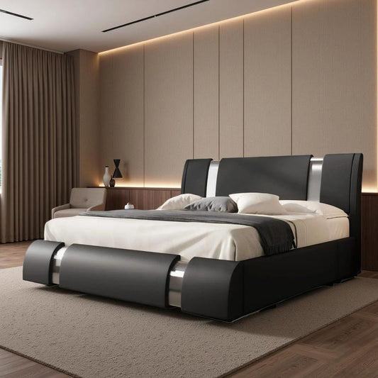 Queen/King Size Platform Bed Frame with Iron Piece Decor, 【Frame Only No Mattress】Faux Leather Upholstered Bed with Curved Adjustable Headboard, Wooden Slats Support, No Box Spring Needed, Modern Style, White/Black,#Tiktokshopbacktoschool