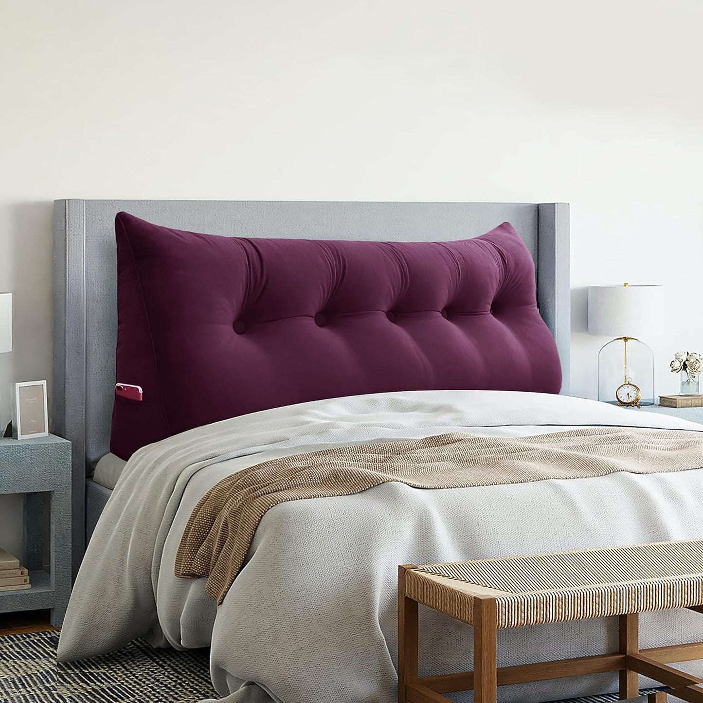 Large Headboard Pillow Wedge Bed Rest Reading Pillow Daybed Pillows Triangular Headboard Wedge Pillows Bolster Gap Filler Triangle Back Cushion Long Wedge Pillow Velvet Red Wine Queen