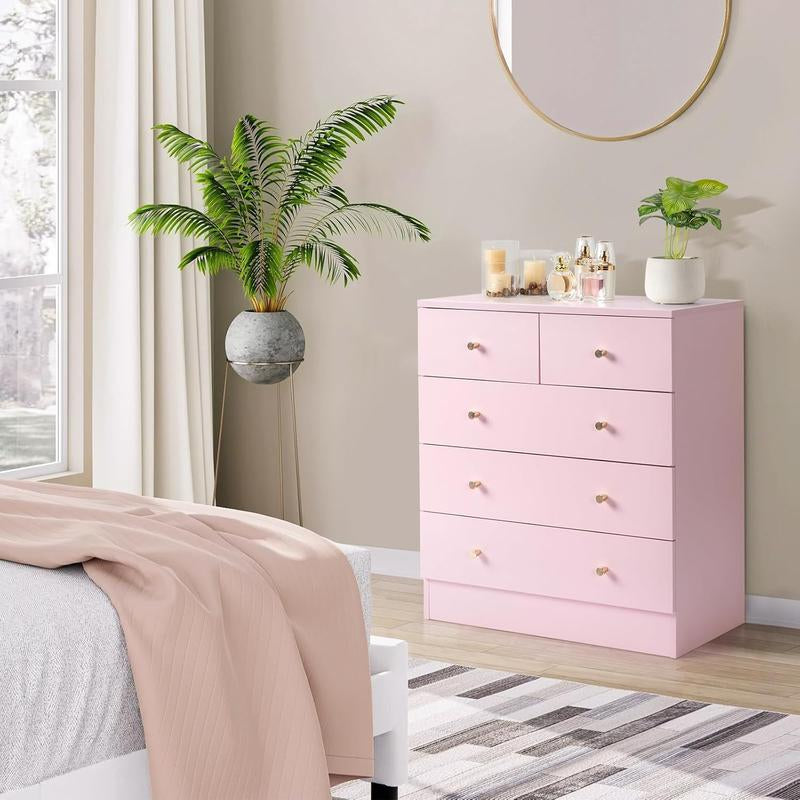 Pink/White/Brown/Grey - 5 Drawer Dresser for Bedroom, Modern Wood Dresser Chest of Drawers, Bedroom Dressers for Girls, Anti-Tipping Device, Rose Gold Metal Handle, Living Room, Entryway, Hallway, Office
