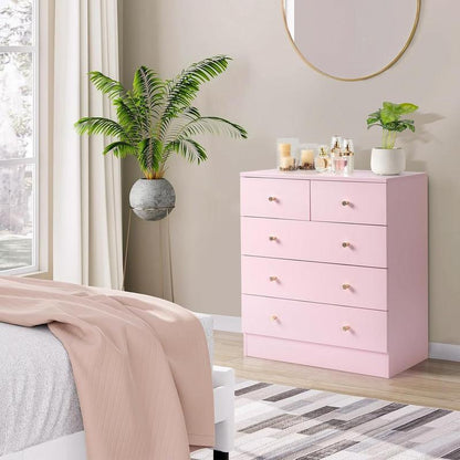 Pink/White/Brown/Grey - 5 Drawer Dresser for Bedroom, Modern Wood Dresser Chest of Drawers, Bedroom Dressers for Girls, Anti-Tipping Device, Rose Gold Metal Handle, Living Room, Entryway, Hallway, Office