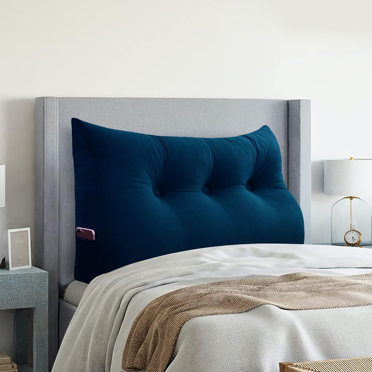 Large Headboard Pillow Wedge Bed Rest Reading Pillow Daybed Pillows Triangular Headboard Wedge Pillows Bolster Gap Filler Triangle Back Cushion Long Wedge Pillow, Velvet Deep Blue Twin