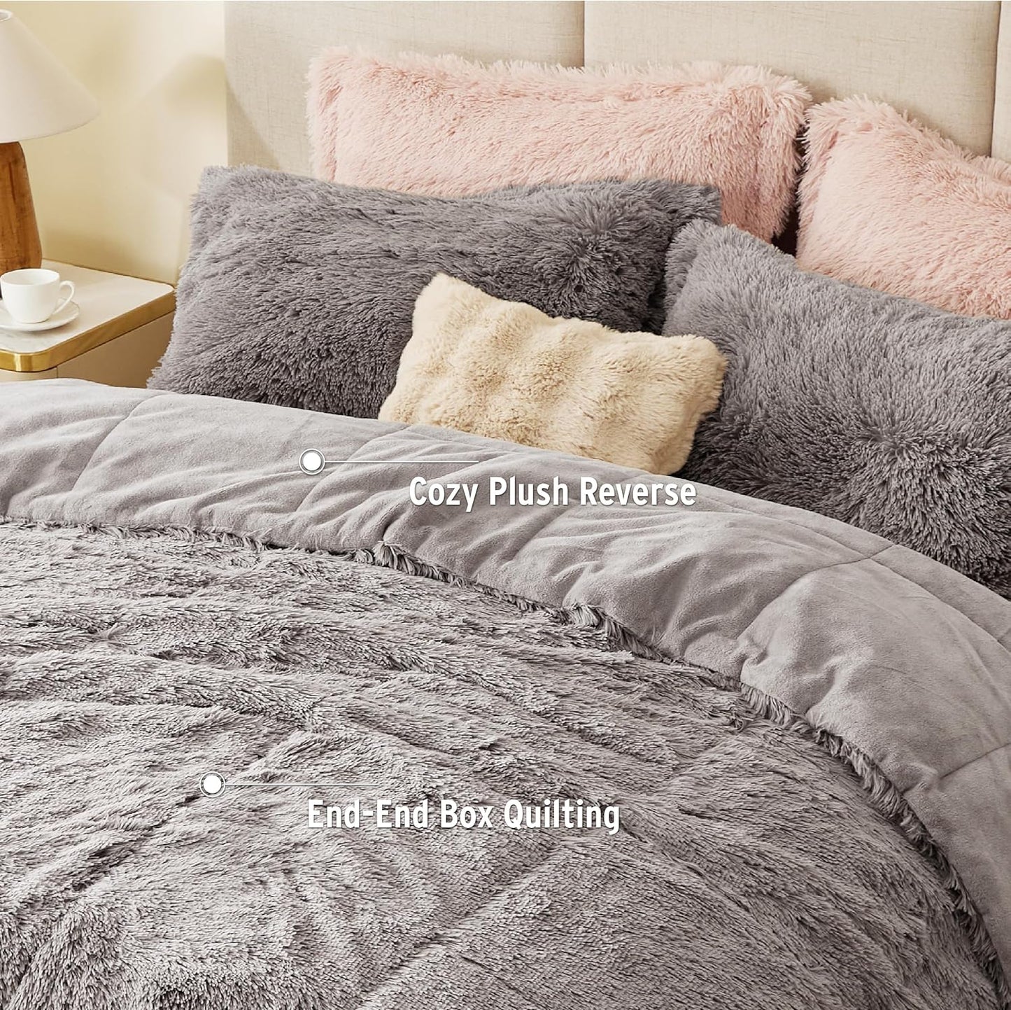 Soft Shaggy Comforter Set, Long Faux Fur Cozy down Alternative, Modern Casual Ultra Soft All Season Fluffy Bedding with Matching Sham, King/Cal King, Grey 3 Piece