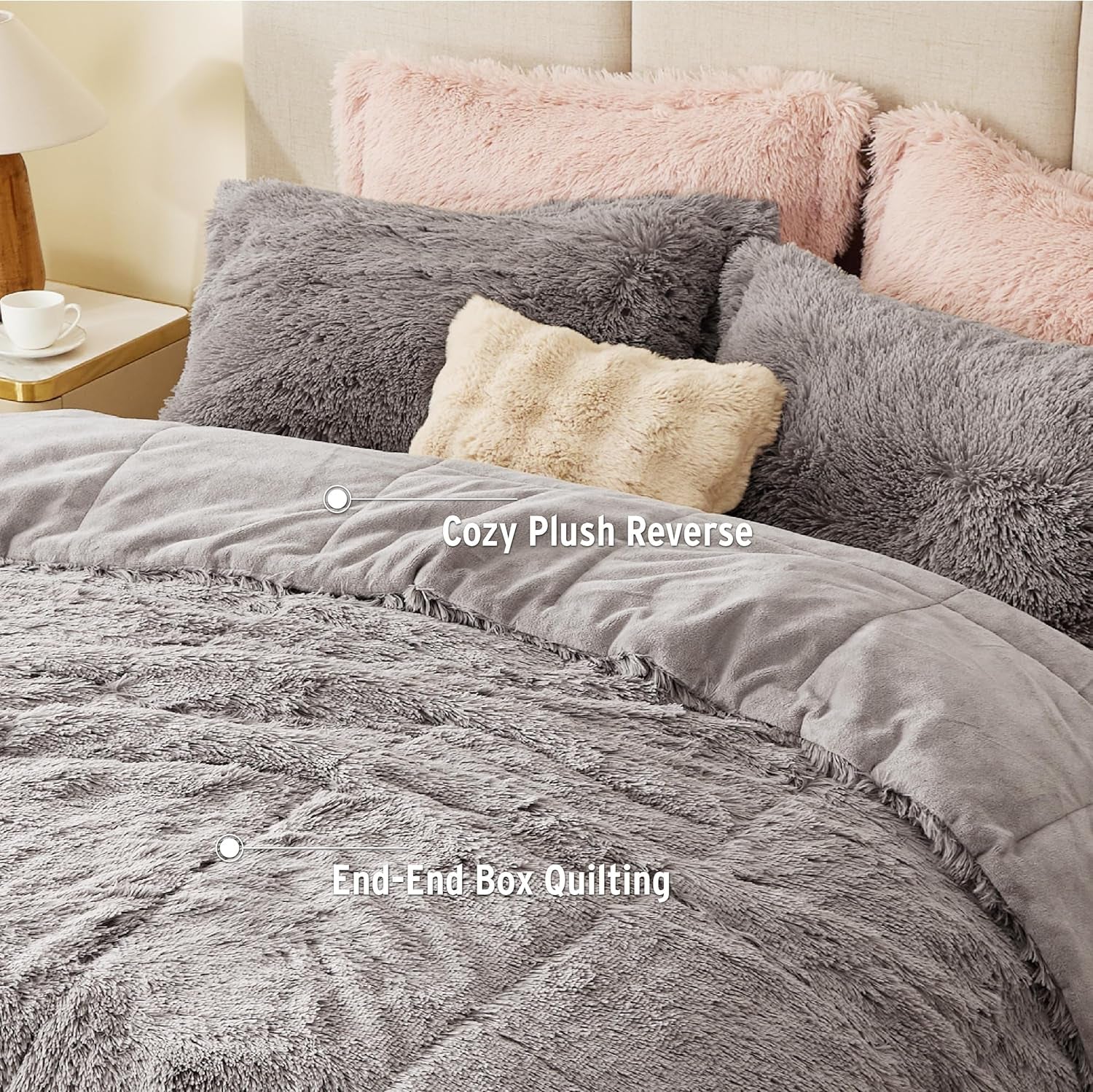 Soft Shaggy Comforter Set, Long Faux Fur Cozy down Alternative, Modern Casual Ultra Soft All Season Fluffy Bedding with Matching Sham, King/Cal King, Grey 3 Piece