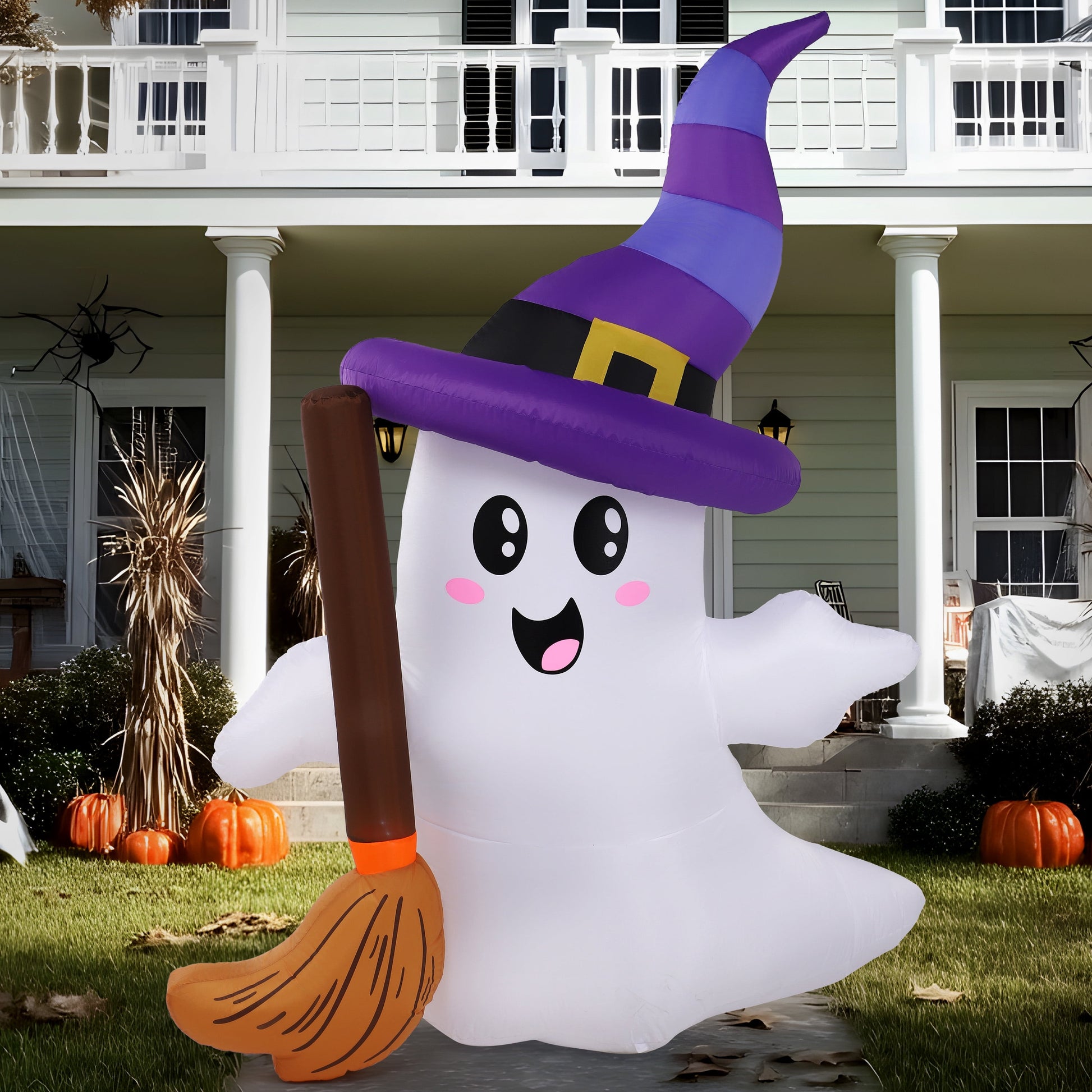 6Ft Halloween Inflatables Light up Cute Ghosts with Witch Hat, Halloween Decorations Outdoor, Blow up Halloween Yard Decorations