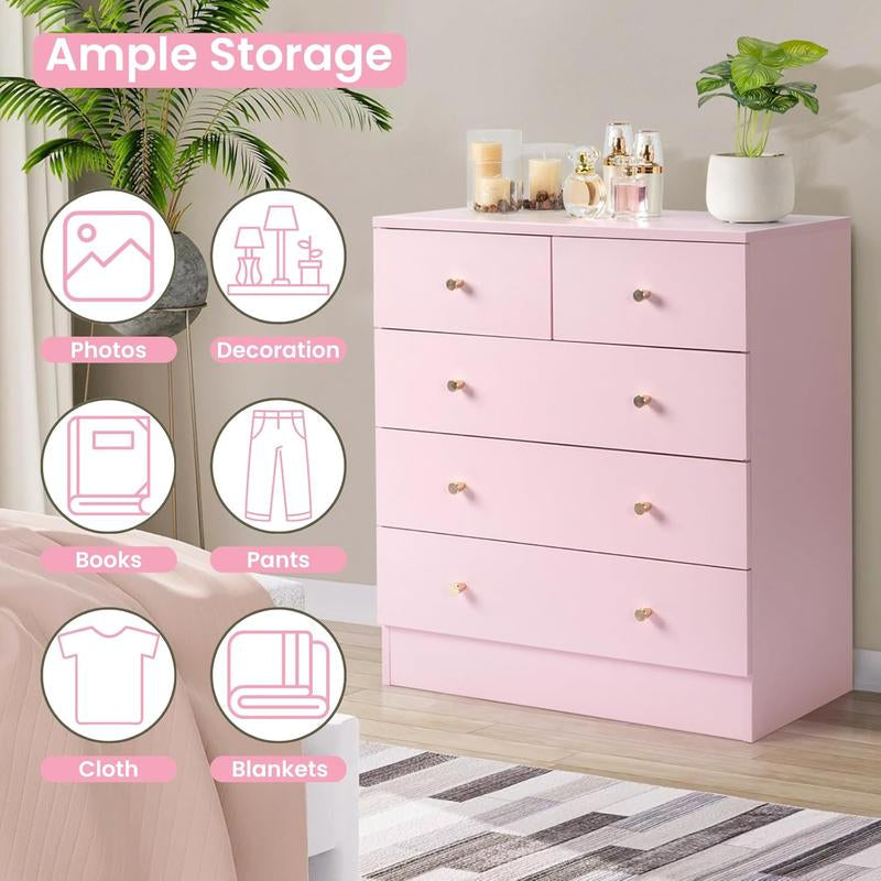 Pink/White/Brown/Grey - 5 Drawer Dresser for Bedroom, Modern Wood Dresser Chest of Drawers, Bedroom Dressers for Girls, Anti-Tipping Device, Rose Gold Metal Handle, Living Room, Entryway, Hallway, Office