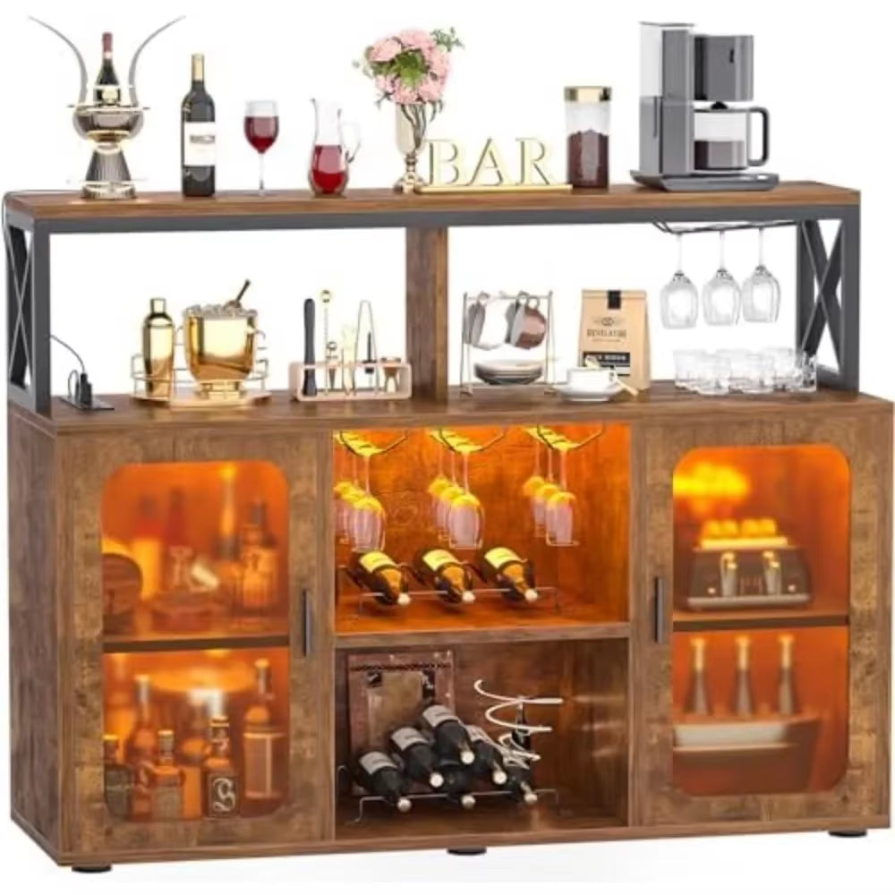 Bar Cabinet with Power Outlets, Liquor Cabinet with Led Lights and Glass Holder, Storage Buffet Cabinet Coffee Bar