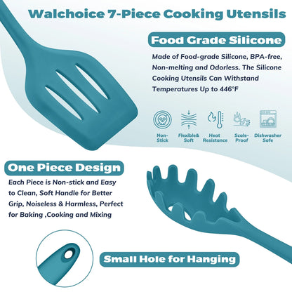 7-Piece Silicone Cooking Utensils Set, Blue Kitchen Utensils, Non-Stick Gadgets Tools Include Slotted Turner, Soup Ladle, Pasta Server