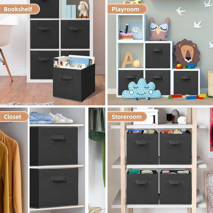 Storage Cubes, 11 Inch Durable 6 Pack Fabric Foldable Collapsible Bins with Handles for Organization, Closet, Shelves, Offices, Toys, Black