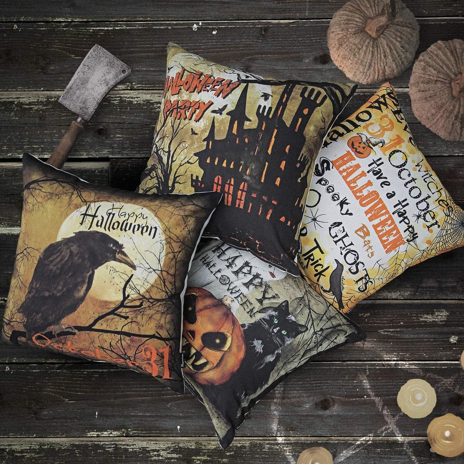 Halloween Holiday Collection Decorative Throw Pillow Cover, 18" X 18", Night Crow, 4 Pack