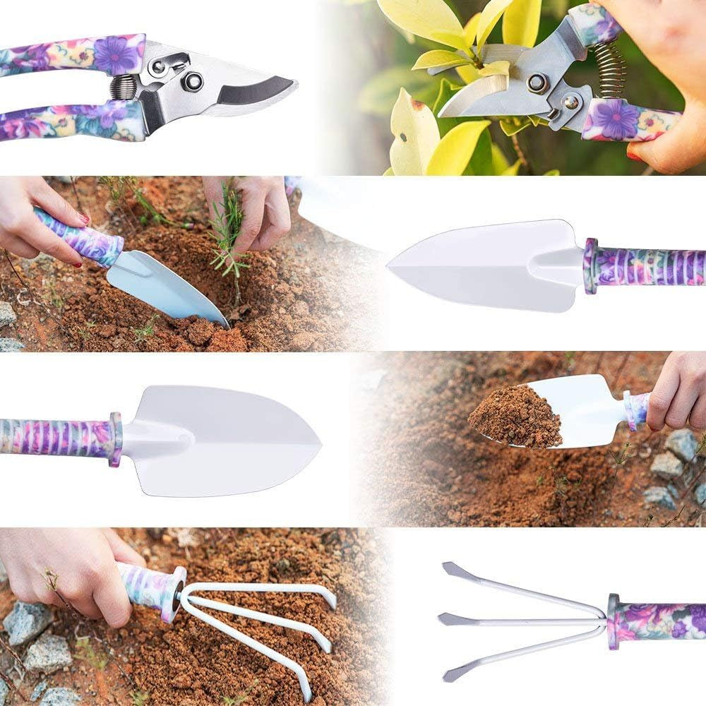 5-Piece Floral Print Gardening Tool Set with Ergonomic Handles, Includes Trowel, Rake, Weeder, Pruner Shears, and Sprayer, Complete with Carrying Case - Ideal Gift for Women