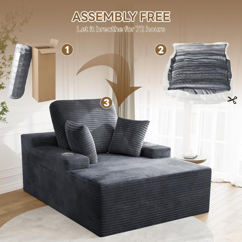49" Oversized Chaise Lounge Sofa Bed with 2 Cup Holders & Storage Pocket - Plush Corduroy Upholstered, No Assembly Cloud Couch for Living Room, Bedroom, or Reading Nook