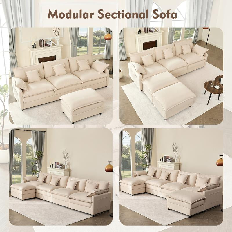 【2 Packages Shipping】Gosuhi 108" U-Shaped Modular Sectional Sofa - Comfy Cloud 3-Seater with Movable Ottoman, Deep Seat Linen Couch for Living Room, Beige Color ,Comfort & Stylish Design