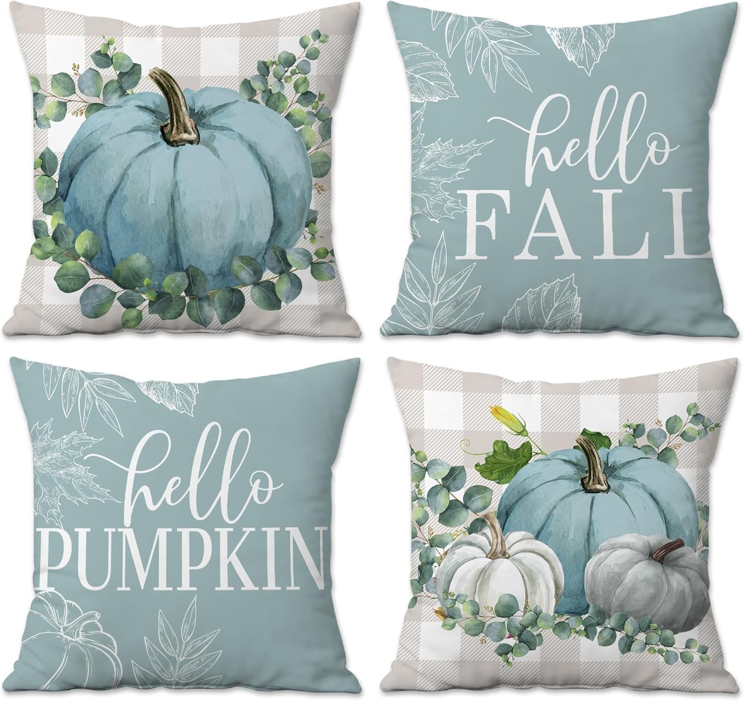 Fall Pillow Covers 18X18 Set of 4, Fall Decorations for Home Throw Pillows for Couch, Indoor & Outdoor Autumn Decor - Blue Pumpkin Seasonal Pillow Covers