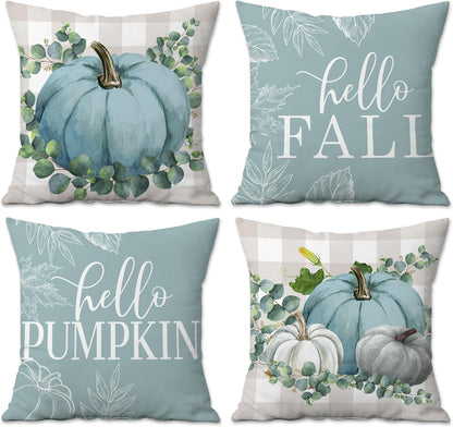 Fall Pillow Covers 18X18 Set of 4, Fall Decorations for Home Throw Pillows for Couch, Indoor & Outdoor Autumn Decor - Blue Pumpkin Seasonal Pillow Covers