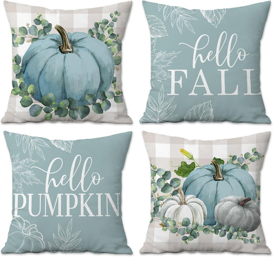Fall Pillow Covers 18X18 Set of 4, Fall Decorations for Home Throw Pillows for Couch, Indoor & Outdoor Autumn Decor - Blue Pumpkin Seasonal Pillow Covers