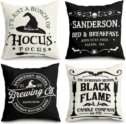 4Pack Halloween Pillow Covers 18X18", Halloween Decor Farmhouse Saying White Black Outdoor/Indoor Fall Pillow Pillows Decorative Cushion Cases for Home Sofa Couch Bed Chair