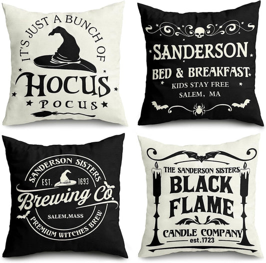 4Pack Halloween Pillow Covers 18X18", Halloween Decor Farmhouse Saying White Black Outdoor/Indoor Fall Pillow Pillows Decorative Cushion Cases for Home Sofa Couch Bed Chair
