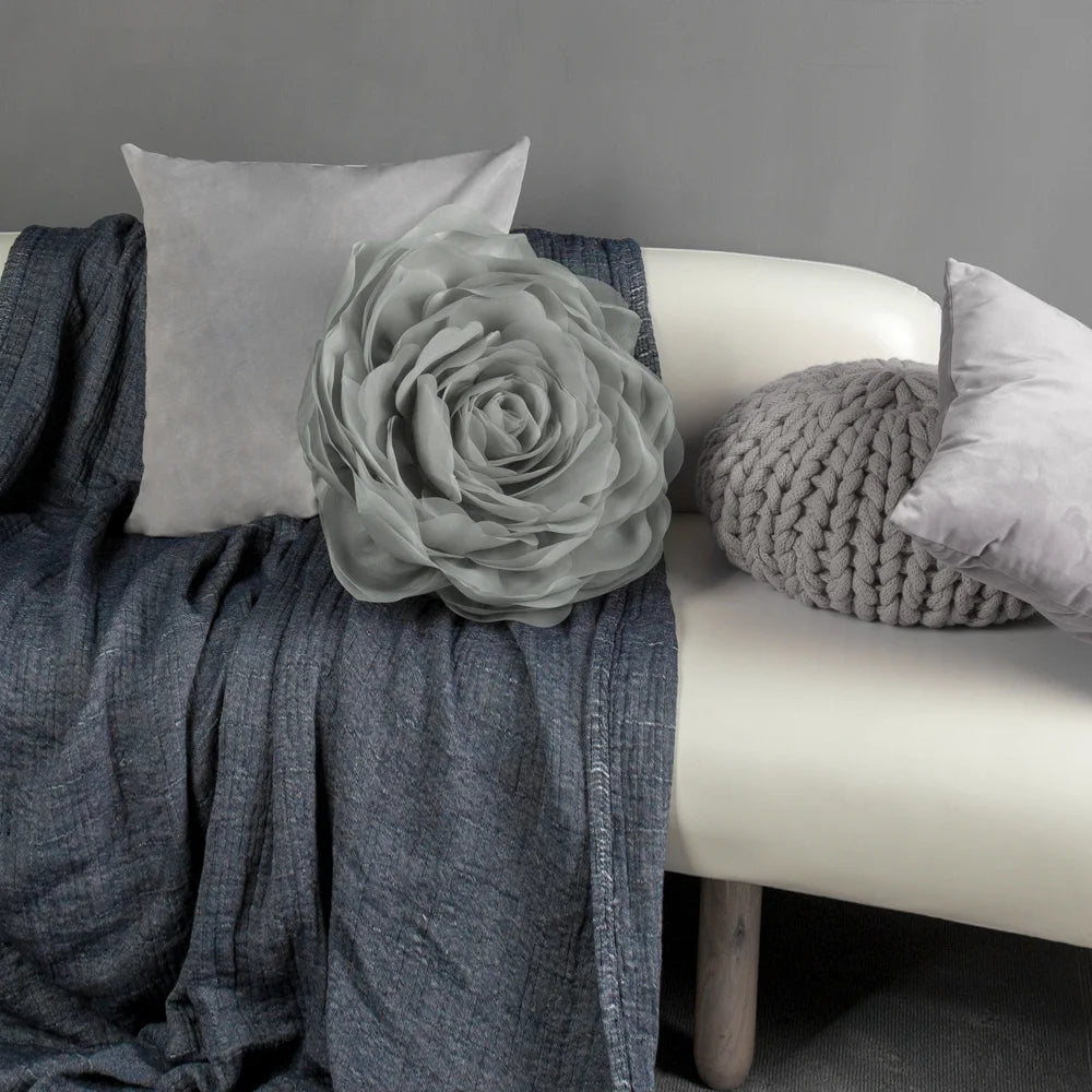 3D Handmade Soft round Decorative Gauze Rose Flower Accent Throw Pillows Cushion Cover with Insert 12 Inch Light Grey