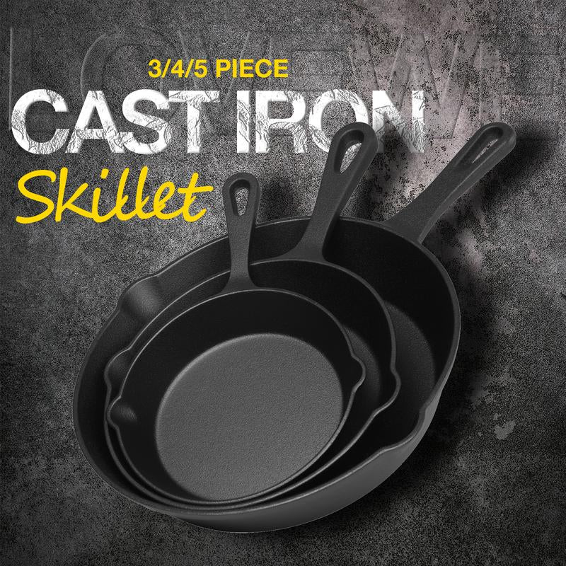 Cast Iron Skillets 3/4/5 PCS, Pots and Pans Set for Professional Restaurant Chef Quality, Pre-Seasoned Cookware Set - 4‘’,5.5“,6“, 8“, 10“ Fry Pans, Skillet Multi-Functional with Ergonomic Handles - for Frying, Saute, Cooking, Pizza