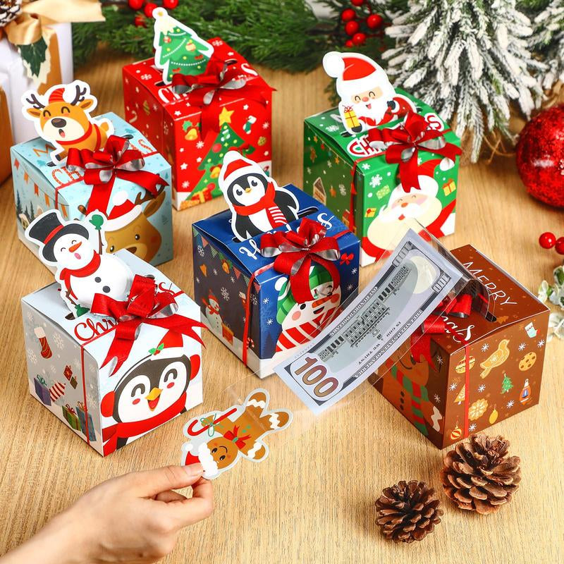 12 Pcs Christmas Money Box Christmas Party Gift Money Gift Boxes for Cash Pop up Christmas Money Holders for Cash with Festive Red Bows Clear Cash Seal Bags Penguin Santa Reindeer Snowman Gingerbread Men Pattern for Birthday Christmas Party Favor Supplies