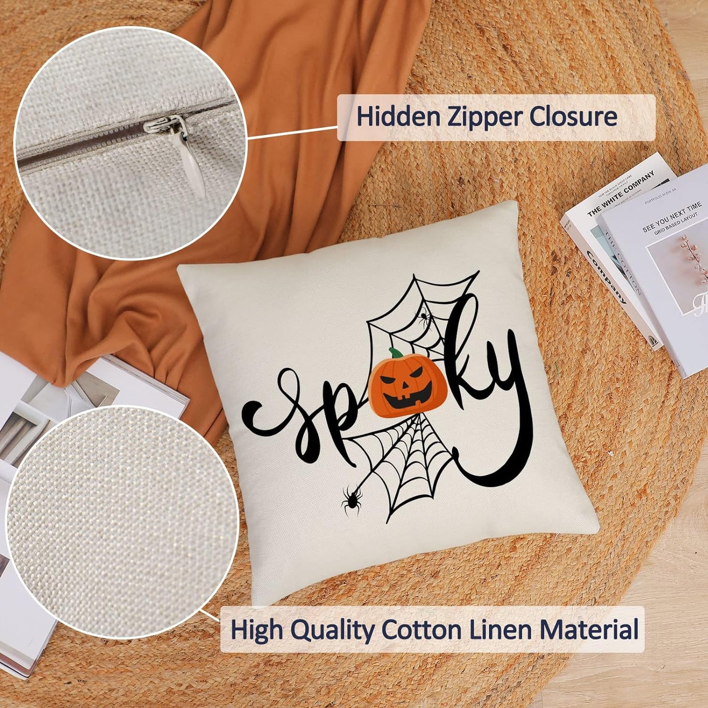 Halloween Pillow Covers Set of 4 Trick or Treat Decorative Throw Pillows Cover 18X18 Black Spider Webs Pillow Cases Home Outdoor Sofa Couch Cushion Covers for Halloween Decor (18 by 18)