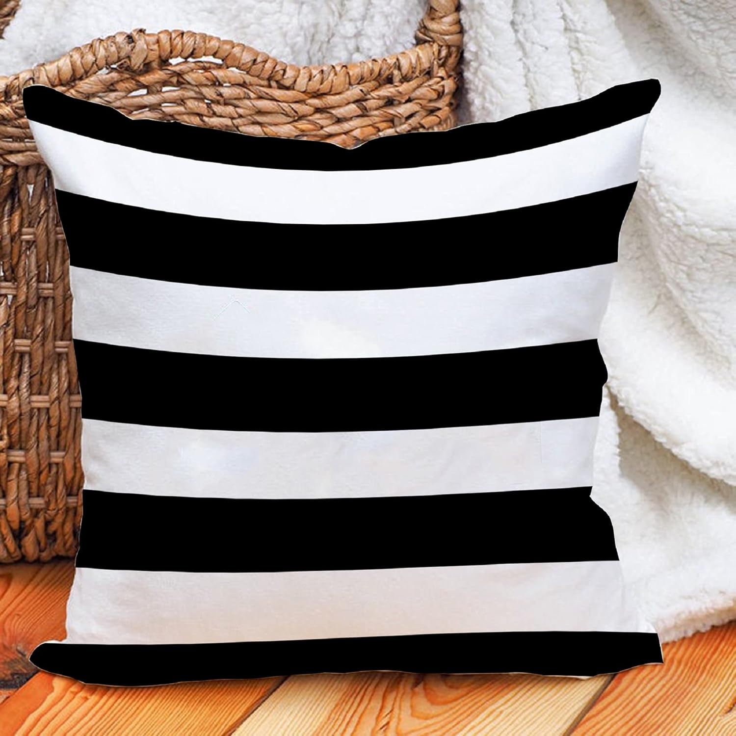 White and Black Stripe Set of 2 16X16 Inch Cotton Polyester Square Throw Pillow Case Decorative Durable Cushion Slipcover Home Decor Sofa Standard Size Accent Pillowcase
