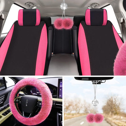 17 Pcs Car Seat Cover Full Set for Women Universal Fit Car Front Rear Fluffy Steering Wheel Fleece Handbrake Shift Covers Hanging Accessory Holder Ring Emblem(Pink Black)