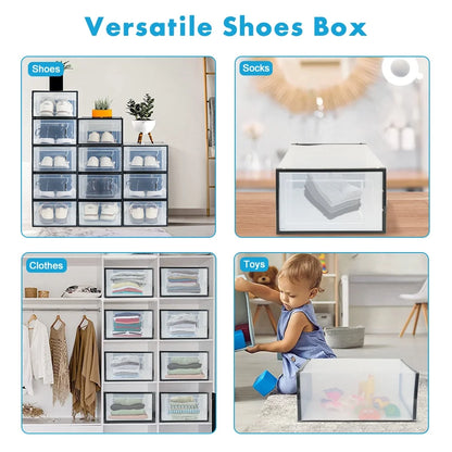 Clear Shoe Ogranizer for Closet,Shoes Boxes Bins Stackable,Folding Shoe Sneaker Containers Storage Box Rack with Lids 12 Pack