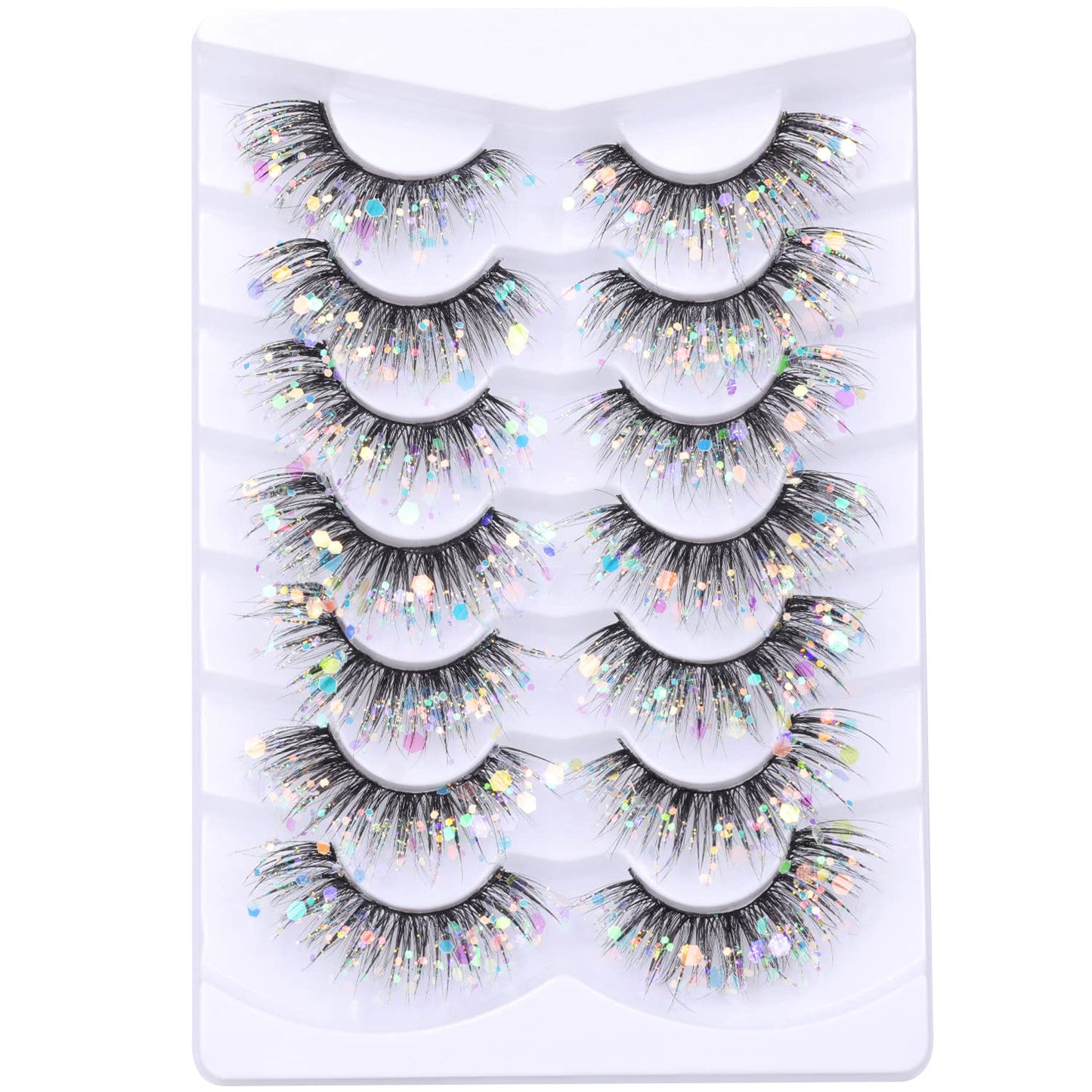 Glitter Lashes Dramatic Faux Eyelashes with Shinny Glitter Decorative Colored Lashes Glow in the Dark Faux Mink Eyelahses Cat Eye Strip Lashes Pack 7 Pairs