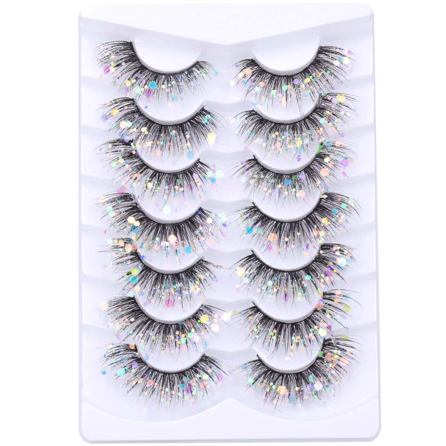 Glitter Lashes Dramatic Faux Eyelashes with Shinny Glitter Decorative Colored Lashes Glow in the Dark Faux Mink Eyelahses Cat Eye Strip Lashes Pack 7 Pairs