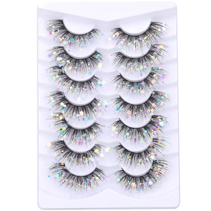 Glitter Lashes Dramatic Faux Eyelashes with Shinny Glitter Decorative Colored Lashes Glow in the Dark Faux Mink Eyelahses Cat Eye Strip Lashes Pack 7 Pairs