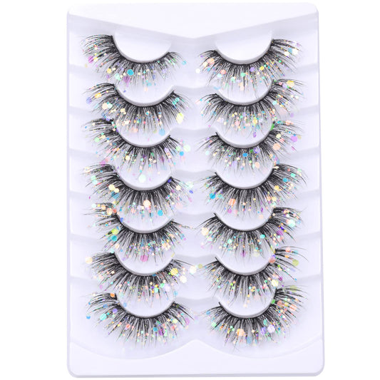 Glitter Lashes Dramatic Faux Eyelashes with Shinny Glitter Decorative Colored Lashes Glow in the Dark Faux Mink Eyelahses Cat Eye Strip Lashes Pack 7 Pairs