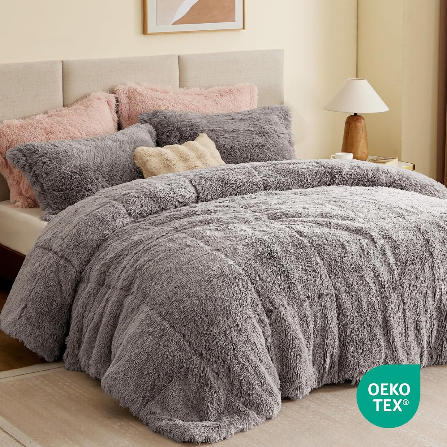 Soft Shaggy Comforter Set, Long Faux Fur Cozy down Alternative, Modern Casual Ultra Soft All Season Fluffy Bedding with Matching Sham, King/Cal King, Grey 3 Piece