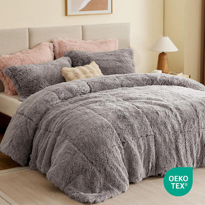 Soft Shaggy Comforter Set, Long Faux Fur Cozy down Alternative, Modern Casual Ultra Soft All Season Fluffy Bedding with Matching Sham, King/Cal King, Grey 3 Piece
