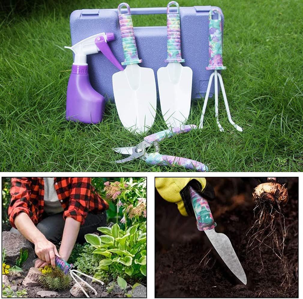 5-Piece Floral Print Gardening Tool Set with Ergonomic Handles, Includes Trowel, Rake, Weeder, Pruner Shears, and Sprayer, Complete with Carrying Case - Ideal Gift for Women