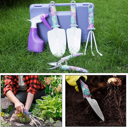 5-Piece Floral Print Gardening Tool Set with Ergonomic Handles, Includes Trowel, Rake, Weeder, Pruner Shears, and Sprayer, Complete with Carrying Case - Ideal Gift for Women