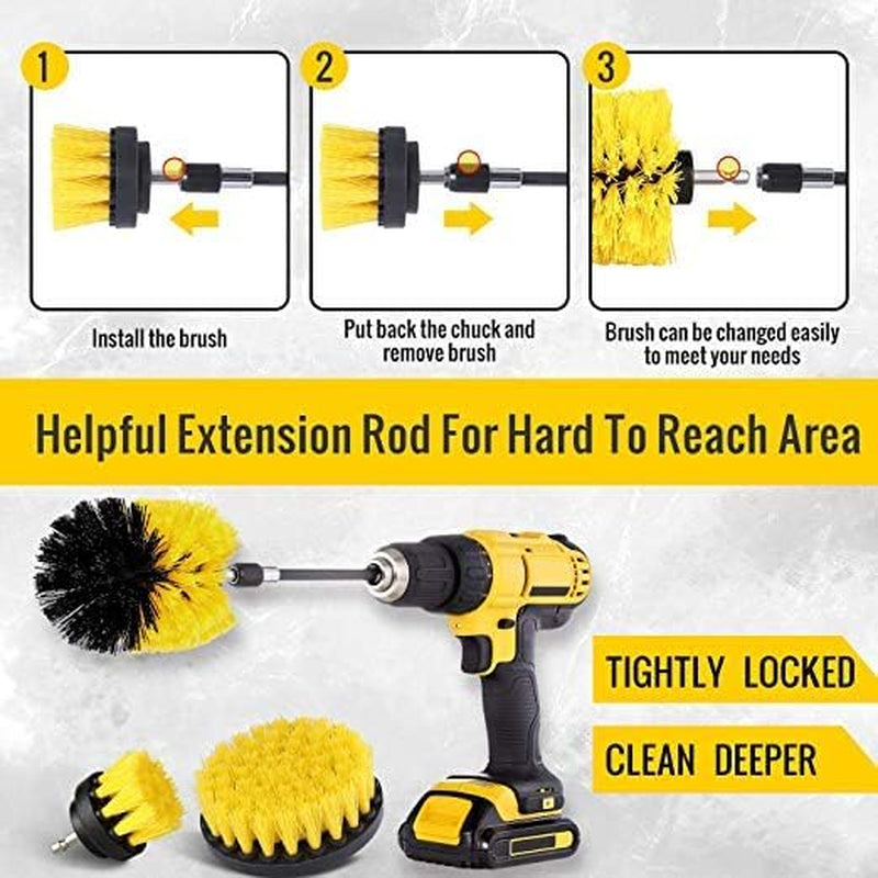 3 Pcs Drill Brush Cleaner Attachments Set Multi-Purpose Scrubber for House - Ideal for Crevices, Car Seats, Rims, Bathroom, Kitchen, Tiles Cleaning (Yellow)