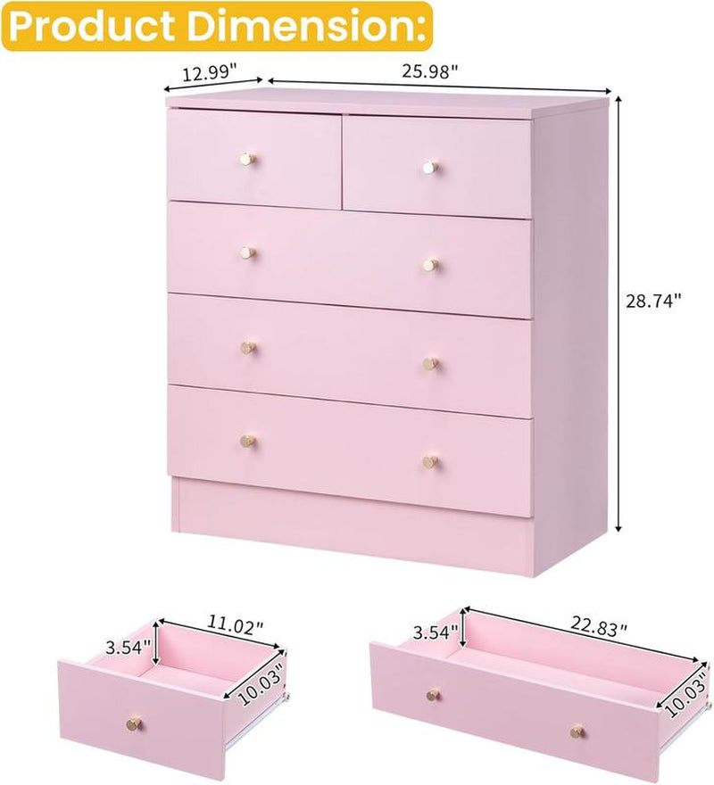 Pink/White/Brown/Grey - 5 Drawer Dresser for Bedroom, Modern Wood Dresser Chest of Drawers, Bedroom Dressers for Girls, Anti-Tipping Device, Rose Gold Metal Handle, Living Room, Entryway, Hallway, Office