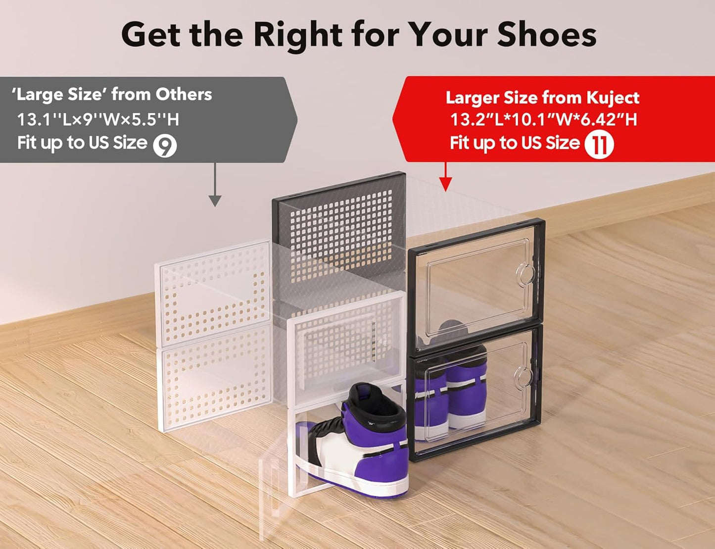 X-Large Shoe Storage Boxes Organizers Clear Plastic Stackable 12 Pack, Shoe Rack & Holder Substitute, Sneaker Containers, Toy Storage Organizer Bins for Entryway, Closet, under Bed, Black