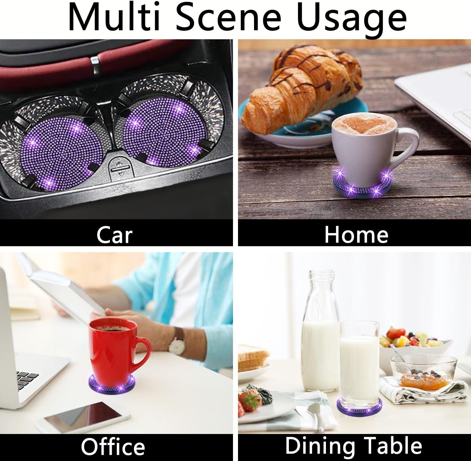 2Pcs Bling Car Cup Holder, Coaster, 2.75 Inch Anti-Slip Shockproof Universal Car Coasters Insert Bling Crystal Rhinestone Automotive Interior Accessories for Women (2 Pcs, Purple Violet)