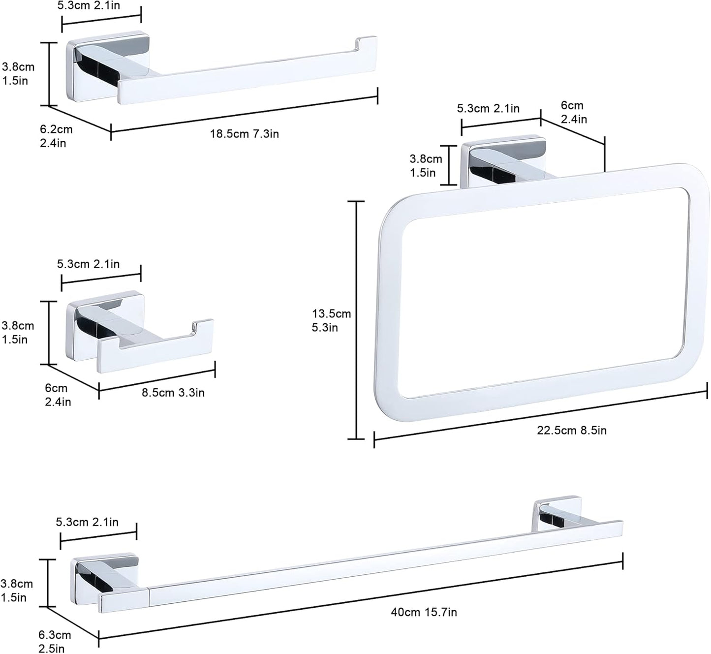4 Piece Bathroom Hardware Accessories Set,Chrome Stainless Steel Towel Bar Sets Wall Mounted - Includes 16" Towel Bar, Square Towel Ring, Toilet Paper Holder, Robe Towel Hook
